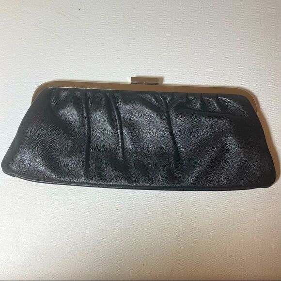 Express black leather kiss lock clutch with silver hardware - Picture 1 of 7